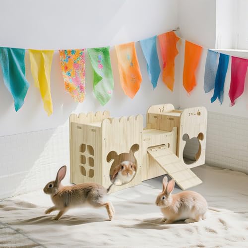 Large Natural Wooden Rabbit Castle,Bunny House,Detachable Rabbit Hideaway, Indoor Hamster Castle with Ramp, Small Animal Houses & Habitats for Guinea Pig Chinchilla Ferret - size: Large Natural wooden