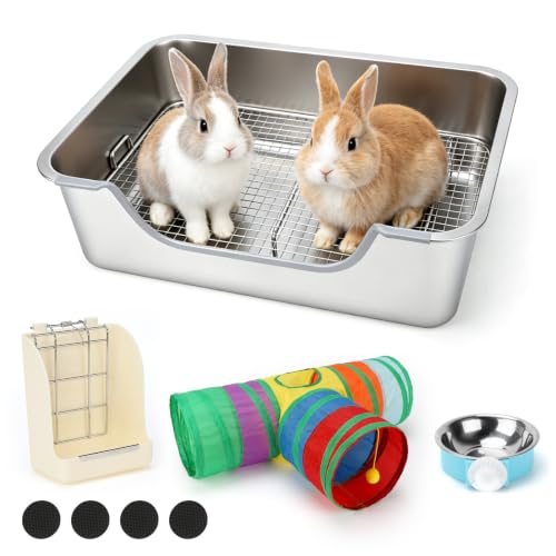 Stainless Steel Rabbit Litter Box with Hay Feeder & Sifting Grid | Bunny Litter Box Kit with Bowl & Tunnel, 6-Inch High Sides Help Reduce Mess, Low Entry for Easy Access, Grid for Drier Paws - size: L(19.7"×13.8"×5.9")