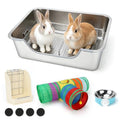 Stainless Steel Rabbit Litter Box with Hay Feeder & Sifting Grid | Bunny Litter Box Kit with Bowl & Tunnel, 6-Inch High Sides Help Reduce Mess, Low Entry for Easy Access, Grid for Drier Paws - size: L(19.7"×13.8"×5.9")
