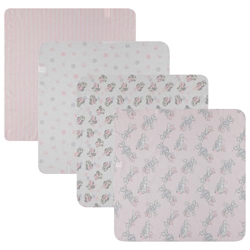 Disney Baby 4-Pack Receiving Blankets — 100% Cotton Flannel, 28" x 28" — Available in Mickey, Minnie, Pooh, Stitch or Angel — Soft Swaddle, Burp & Stroller Blankets — Gift-Ready with Ribbon Bow - color: Minnie Mouse Simply Cute