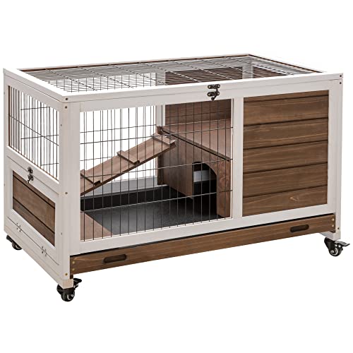 PawHut Wooden Rabbit Hutch Indoor Outdoor, Elevated Bunny Cage with No Leak Tray Enclosed Run with Wheels, Ideal for Guinea Pigs and Small Animals, Brown | No Leak Tray Enclosed Run with Wheels, for Rabbits, Chickens, Ducks, Guinea Pigs and Small Animals