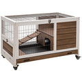 PawHut Wooden Rabbit Hutch Indoor Outdoor, Elevated Bunny Cage with No Leak Tray Enclosed Run with Wheels, Ideal for Guinea Pigs and Small Animals, Brown | No Leak Tray Enclosed Run with Wheels, for Rabbits, Chickens, Ducks, Guinea Pigs and Small Animals