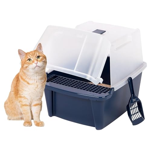 IRIS USA Large Front Door Cat Litter Box, Walk-in Entry, Navy | Senior Cats, Private Enclosure Design, Flip Door Access, Covered Walk-Through, Privacy Hood, Contained Environment - size: Split Hooded