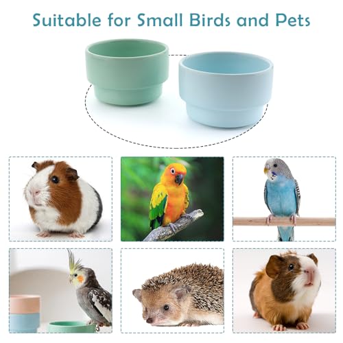 2 Pack Detachable Hanging Ceramic Bird Bowl Food Cup Convenient Hanging Water Feeder for Cage Small Canary Finch Parakeet Budgie Cockatiel Lovebird (Blue and Green)