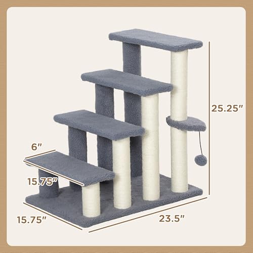 PawHut 4 Levels Cat Steps Pet Stairs Carpeted Ladder for High Bed Gray | Kitten Tree Climber, Scratching Posts, Hanging Play Ball, Side Step, for Sofa - color: Gray
