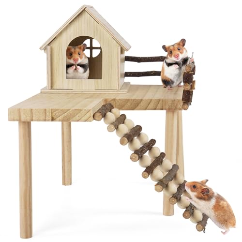 Wooden Hamster House and Platform, Hamsters Platform with Ladder, Hamster Cage Accessories, Cute Small Pets Toy for Hiding Sleeping Activities Habitat Decor