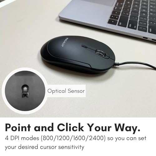 Macally Computer Mouse Wired, Silent USB Mice - Slim & Compact USB for Apple Mac or Windows PC Laptop/Desktop - Designed with Optical Sensor & DPI Switch - Simple - Black - color: Black