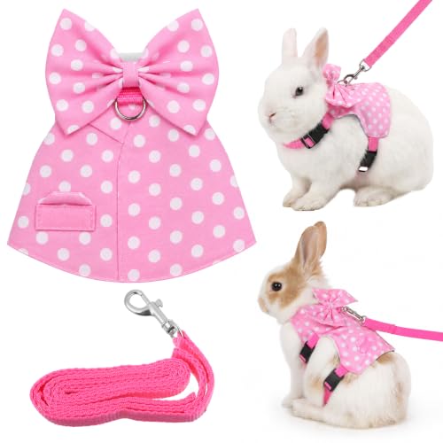 Bunny Harness and Leash Set, Adjustable Rabbit Harness with Buckle | Rabbit Harness and Leash Set for Small Pet Rabbit Kitten Guinea Pigs (Pink Polka Dot, S)