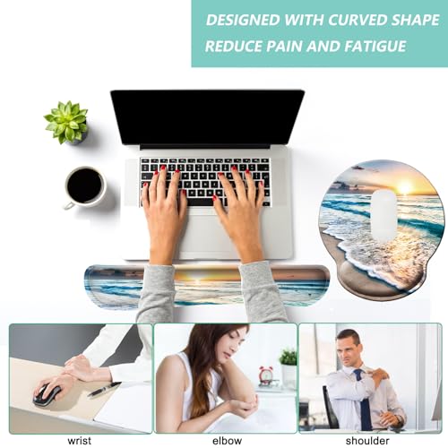 Keyboard Wrist Rest Pad Mouse Pad with Wrist Support Set of 3, Mousepad with Non-Slip Rubber Base, Ergonomic Memory Foam Mouse Wrist Cushion Support for Home Office Laptop Computer Gaming, Beach - color: Beach