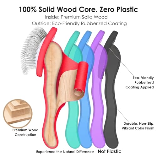 Wooden Long Pin Slicker Brush for Large Dog, Poodles & Doodles Long Hair | Grooming, Fluff & Detangle Heavy Dense Wavy Curly Coats to Easily Prevent Severe Hair Matting During Shedding Seasons - color: Red