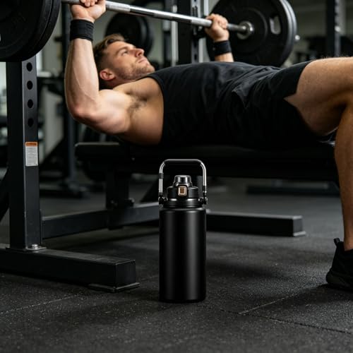 85oz Insulated Water Bottle 2-in-1 Lid,Black | Stainless Steel, Leak-Proof, 24H Cold & 12H Hot, Handle, for Gym, Camping, Hiking.