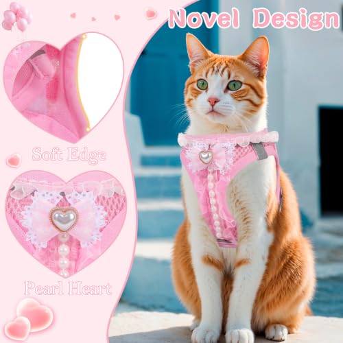 Cat Harness and Leash Set Escape Proof Walk Harness for Cats Pink XS | Cute Pearls Lace Bow,Safe Reflective Strips,Breathable Soft Mesh,No Stress,Easy Wear,Adjustable Velcro,Nylon Leash,for Bunny - size: XS