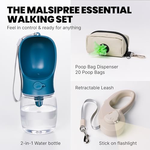 MalsiPree Complete Dog Walking Set - 9.8ft Retractable Leash Set with 20 Poop Bag and Dispenser, Leakproof Dog Water Bottle 12oz & Flashlight - Essential Walking Accessory for Small to Medium Dogs - color: Sand and Teal, size: 12oz - Standard