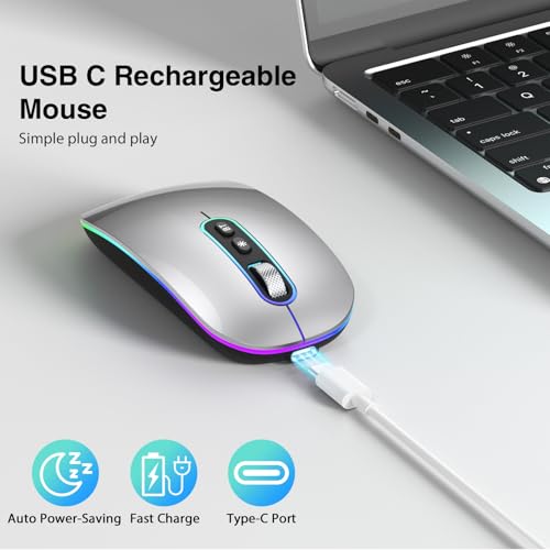 cimetech Rechargeable Wireless Mouse, Dual Mode Mouse-Grey | 2.4G & BT Slim Mouse for MacBook,Silent Click, 1600 DPI for Office Travel Mac Air Pro/PC/Laptop/Computer - color: Grey