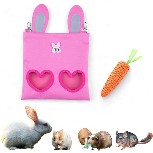 Hanging Rabbit Hay Feeder Bag with Chew Toys Set, Guinea Pig Hay Feeder, Bunny Feeders Holder Storage for Small Pets Bunnies Chinchilla Guinea Pigs Hamster Rats (Pink) - color: Pink