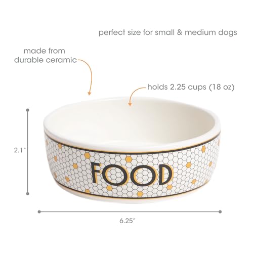 Pearhead Ceramic Dog Bowl, Small/Medium 2.25 Cups/ 18 oz, Bistro Tile | Honeycomb with Gold Accents Stoneware Pet Food & Water Bowl for Small Dogs, Weighted Non-Plastic Feeding Dish - color: Bistro Tile Bowl, size: Small