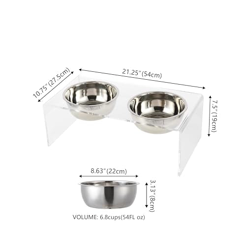 DBL2001A Keaton 7.5" Medium/Large Modern Lucite Rectangular Elevated Pet Feeder with 54oz 2-Stainless Steel Bowls, Clear/Chrome - color: Clear/Chrome, size: 54 Ounces (7.5" Cups 2-Pack)