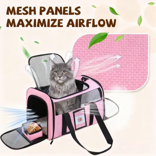 Cat Carrier Soft with Detachable Food Bowl,Soft-Sided Pet Bag(Up to 16 lbs) | Puppy Crate with Lockable Zippers,Airline Travel for Small Dog,Kitten,Animal,Breathable Mesh Kennel,Carrying Case,Pink - color: Pink, size: 17.0"L x 12.0"W x 11.0"H