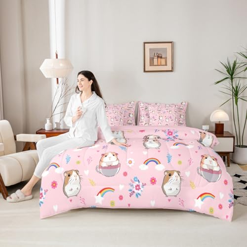 Erosebridal 7 Pcs Cartoon Guinea Pig Bed in A Bag Cute Colorful Wildflower Comforter Set for Kids Boys Girls Kawaii Dreamy Rainbow Bedding Sets Twin Funny Floral Animal Theme Sheet Set with Comforter - color: Pink White Brown, size: Twin