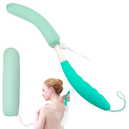 Shower Back Body Brush with Long Handle，15.35"Back Scrubber for Men & Women | Body Brush for Bath with Anti Slip Long Handle,Exfoliating Mesh Sponge Body Scrubber, Removable Curved Back Scrub Brush - size: Green+Green Handle