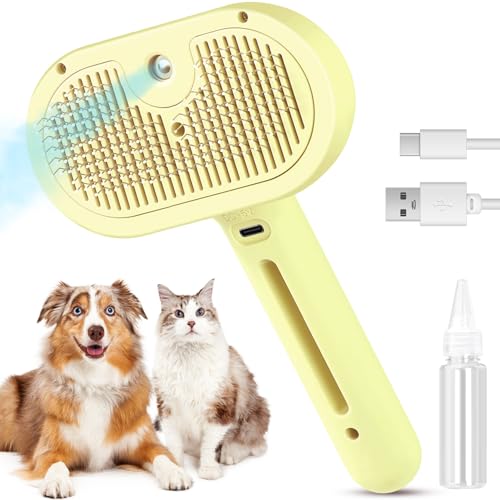 3 in 1 Cat Steam Brush, Pet Spray Hair Removal Comb for Shedding & Grooming, Water Brush for Cats Dogs Small Animals Long Short Haired with One-Click Release Button(Yellow) - color: Yellow