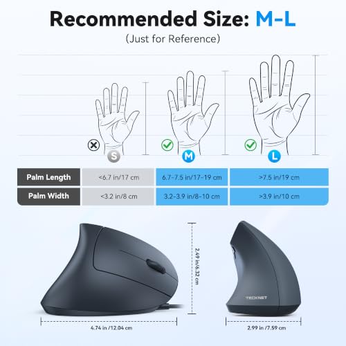TECKNET Wired Mouse, Comfortable Ergonomic Mouse with 6400 DPI | Plug & Play, 4-Level Adjustable DPI, Silent Click, Vertical Mouse Compatible with Laptop/PC/Windows/Chromebook - color: Grey