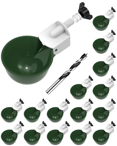 Chicken Waterer Cups (16 Pack) with 3/8" Drill Bit - Green | Automatic Poultry Drinker Feeder Kit for Chickens, Ducks, Turkeys, Quail, Bunnies | DIY Gravity Fed Bucket Water Dispenser - color: Green, size: 16 Pack + Drill bit