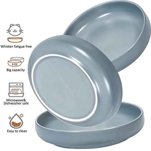 Ceramic Cat Bowls,Shallow Cat Dishes for Food and Water, 6 inch Matte Finish Wide Cat Food Bowl,Whisker Fatigue Free Pet Puppy Kitten Bowl Set of 3,Dishwasher Safe - color: Bluish grey-3pack