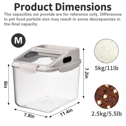 Fhiny 5.5LB Dog Food Storage Container, Airtight Pet Treat Bin Translucent Dry Food Grain Storage Barrels Sealed Bucket Moisture-Proof Plastic Cat Puppy Food Bin with Seal Locking Lid Keep Fresh - size: M:11.4"L x 7.8"W x 7.2"H