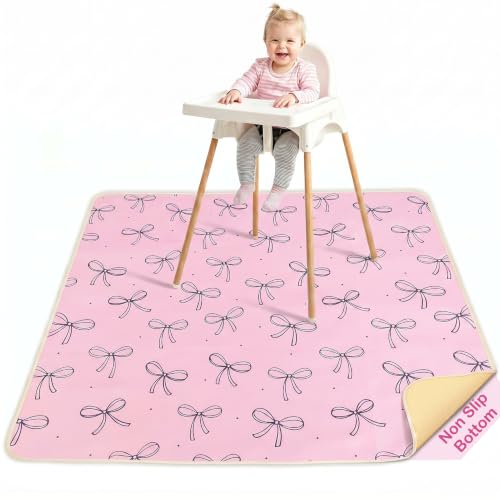 Basumee Splat Mat for Under High Chair, Waterproof & Mess-Proof Floor Mat | 46"×42" Baby Splash Mat, Non Slip Bottom, 4-Layer Fabric, Food & Liquid Catcher, Machine Wash for Boy Girl, Meals, BLW, Craft - color: Blush Pink Bows, size: 46x42 Inches