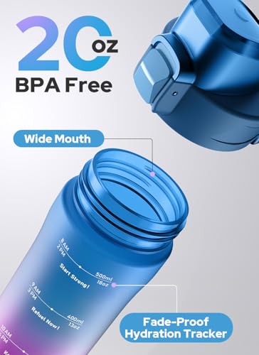 Opard Zip 20oz Plastic Water Bottle Dishwasher Safe, Leakproof Flip-Top Lid, BPA Free Tritan, Wide Mouth Reusable Kids Water Bottle for School Hiking Commuting Outdoor Travel and Gym - color: Aurora Blue Purple, style: 20 oz - Fast Flow