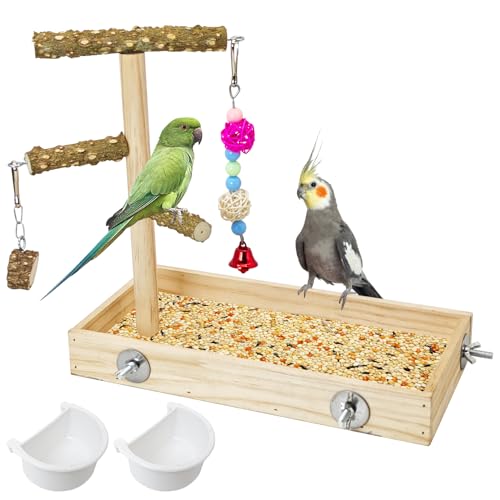 BNOSDM Wooden Bird Feeder for Cage Natural Wood Parrot Feeding Cups Bird Food Dish with Perch Stand for Parakeets, Budgies, Cockatiels, Lovebirds, Finches, Pigeons - size: L:12 x 6 x 1.6in