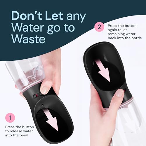 MalsiPree Dog Water Bottle Dispenser - 12 oz Black, Leak-Proof | 12oz leak-proof bottle - one-hand use - built-in bowl - Use for dog walks, travel, hiking & beach days - color: Black, size: 12oz - Standard
