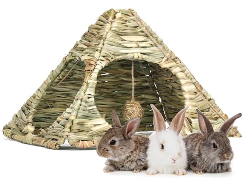 2 Sets 13"x11.8"x11" Small Animals Grass Foldable Woven Animal Hut Bunny Triangular House Play Hideaway Bed Hay Mat Chew for Rabbit, Guinea Pigs, Gerbils, Hamster