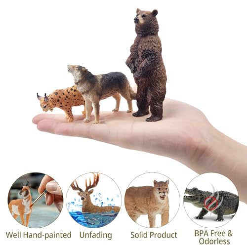 Toymany 12PCS North American Forest Animal Figurines, Realistic Jungle Zoo Animal Set Includes Moose,Cougar,Wolf,Bear,Eagle,Deer Educational Toy Cake Toppers Christmas Birthday Gift for Toddlers - style: North American Animals