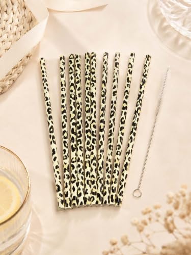 10 Pcs Reusable Brown Leopard Straws Long Straws with Cleaning Brushes | Plastic Cheetah Animal Straws Brown Leopard Print Drinking Straws for Tumblers Cups Safari Wild Favors Birthday Party Supply - color: Yellow