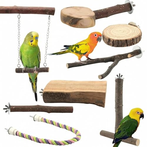 8PCS Natural Wood Bird Perches, Parrot Perch Stand & Chewing Toy with Multi-Branch & Rope, Cage Accessories for Parakeets, Conures, Cockatiels, Lovebirds, Budgies - size: Swing & Rope Set - 8PCS