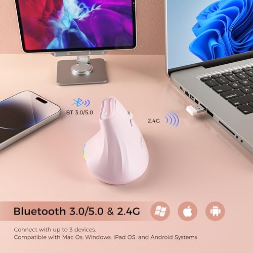 KYSONA 57° Wireless Ergonomic Mouse, Vertical Mouse, Carpal Tunnel Mouse, RGB Light, Rechargeable, Bluetooth & 2.4G, 5-Level DPI Adjustment, Quiet Click Ergo Mice Compatible with PC/Laptop/Mac, Pink