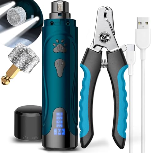 Super Quiet Dog Nail Grinder & Clippers Kit with 2 LED Lights, 3 Speeds Up to 12,000 RPM, Lower Than 30dB Electric Pet Nail Trimmer for Small Medium Large Dogs and Cats - color: A-Blue