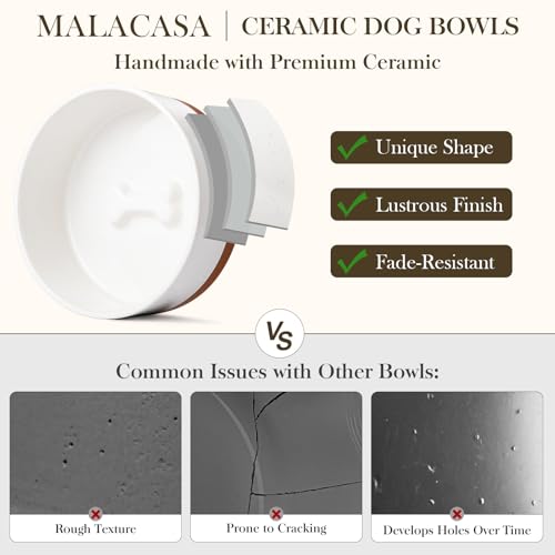 MALACASA Ceramic Dog Bowls Small Size Dog with Wood Stand, 1.5-Cup Ceramic Puppy Bowls for Cats & Small Dogs, Dual Food and Water Bowls with Weighted Non-Slip Base, Glaze Matte,14 Oz - color: Vanilla White（2 PCS with Stand）, size: S-1.5 Cups