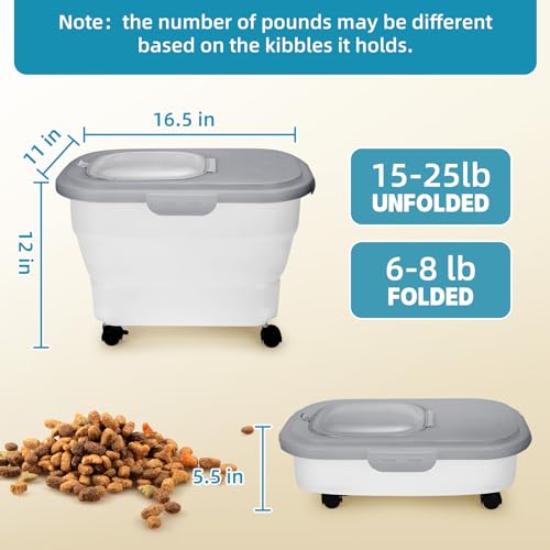 Pet Food Container, Collapsible Dog Food Storage Container with Detachable Casters & Airtight Lid for Keeping Dry Kibbles, With Dog Food Scoop and Measuaring Cups - color: Gray