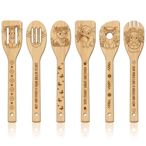 GLOBLELAND 6 Pcs Cartoon Highland Cattle Wooden Spoons Utensil Set Flowers Animals Bamboo Carving Kitchen Cooking Utensils Wooden Engraved Cooking Spatula Sets for Kitchen Fun House Warming Gift - color: Highland Cattle