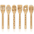 GLOBLELAND 6 Pcs Cartoon Highland Cattle Wooden Spoons Utensil Set Flowers Animals Bamboo Carving Kitchen Cooking Utensils Wooden Engraved Cooking Spatula Sets for Kitchen Fun House Warming Gift - color: Highland Cattle