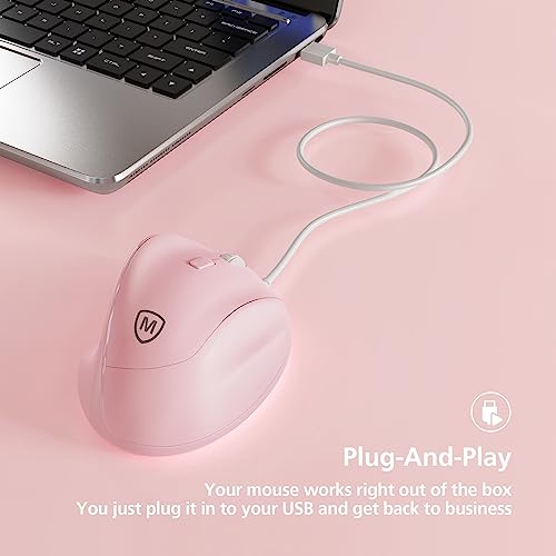 Micropack Ergonomic Mouse Wired for Laptop, PC Computer and Desktop, Ergo Mouse Vertical with Silent Clicks, Up to 3200 DPI Adjustable Mouse Sensitivity, Pink - color: Pink, size: Wired