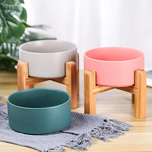 Green Ceramic Elevated Raised Cat Bowl with Wood Stand No Spill Pet Food Water Feeder Cats Small Dogs - color: Green, size: Medium Dog Bowls 850ML*1