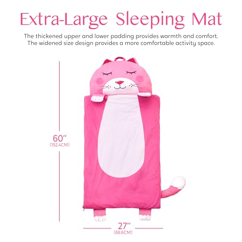 JOIEDOMI Kids Sleeping Bag 4 5 6 Year Old Girl Gifts Toddler Nap Mat with Pillow & Blanket 60" x 27" for Kids Ages 3+ Soft Plush Sleeping Mat for Preschool and Boys Girls - color: Pink Cat