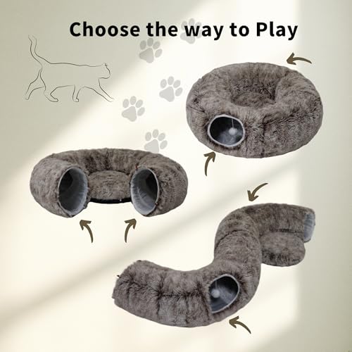 Cat Tunnel Bed for Indoor Cats with Washable Cushion Cat Cave Donut Tunnel with Fluffy Ball Big Round Tube Pet Playground Toys Soft Plush Peekaboo for Kitten, Cat, Puppy, Rabbit, Ferret（Brown） - color: Brown