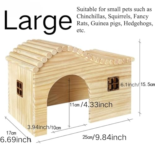Guinea Pig Wood Hideout Hut with Window Small Animal Wooden House for Chinchilla Squirrel Hedgehog Fancy Rat Hamster (Large) - size: Large