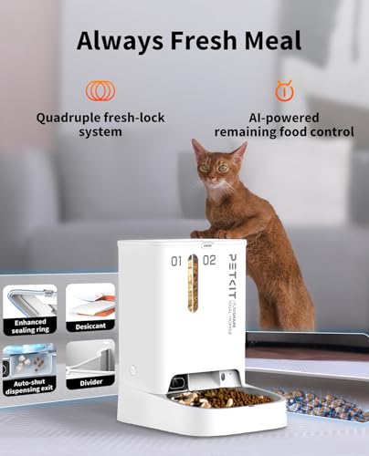 PETKIT Automatic Cat Dog Feeder with Camera, AI-Powered Motion Capturing, 1080P HD Video with Night Vision, 2.4G WiFi Pet Feeder with 2-Way Audio, Dual Hopper Pet Food Dispenser with Desiccant - color: White with Double Food Hopper