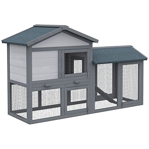 PawHut 58" Rabbit Hutch, Wooden Bunny Hutch, Guinea Pig Cage, Small Animal Enclosure with Run Area, Removable Tray, Asphalt Roof, Lockable Doors and Ramp, Dark Gray | Wooden Bunny Hutch, Guinea Pig Cage, Removable Tray, Asphalt Roof, Lockable Doors, for 1